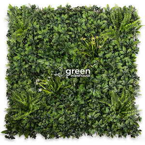 El encanto del Follaje Aralia, se debe a la cantidad de detalle con acabados y variedad de hojas en combinación de flores de orquídea y diferentes helechos, imparten un aspecto denso y natural, perfecto donde se requiere un diseño de Muro Verde complejo. Este es el único modelo que viene con incrustaciones de Follajes 3d, lo que le da un realce espectacular.