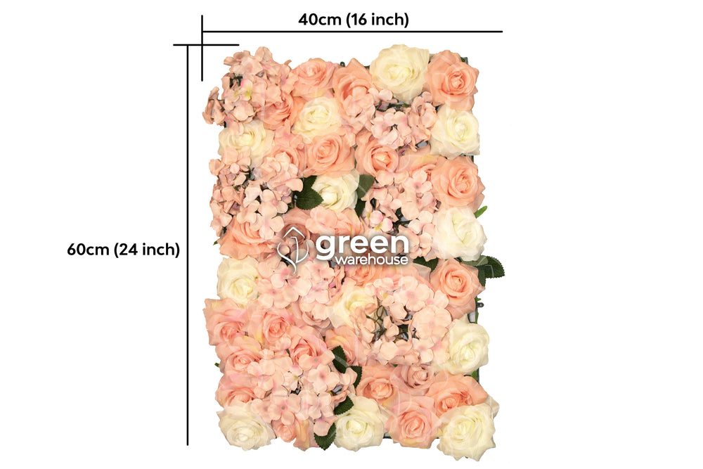 Abril es uno de los Paneles de Flores más bonitos para la decoración de interiores, ya que sorprende con sus hermosas flores de hortensias y rosas, con pétalos en tonos Ivory y durazno, que lo hace perfecto para crear muros flores elegantes y coloridos. 