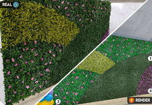 Algunas ideas necesitan una proyección profesional y una imagen vale más que mil palabras. Pensando en eso nuestro servicio de diseño de Jardines Verticales o Muros Verdes, nos permite la visualización arquitectónica de tu proyecto, generando imágenes realistas de nuestros productos en un diseño completamente personalizado. Follajes utilizados Arrayan Amarillo, Boxwood, Flor de Azalea y Arrayán Morado. 