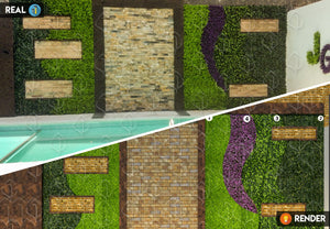 Algunas ideas necesitan una proyección profesional y una imagen vale más que mil palabras. Pensando en eso nuestro servicio de diseño de Jardines Verticales o Muros Verdes, nos permite la visualización arquitectónica de tu proyecto, generando imágenes realistas de nuestros productos en un diseño completamente personalizado. Follajes utilizados Arrayán Morado, Helecho Verde y Helecho Japonés.  