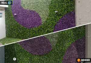 Algunas ideas necesitan una proyección profesional y una imagen vale más que mil palabras. Pensando en eso nuestro servicio de diseño de Jardines Verticales o Muros Verdes, nos permite la visualización arquitectónica de tu proyecto, generando imágenes realistas de nuestros productos en un diseño completamente personalizado. Follajes utilizados Arrayan Blanco, Arrayan Morado y Helecho Mixto.  