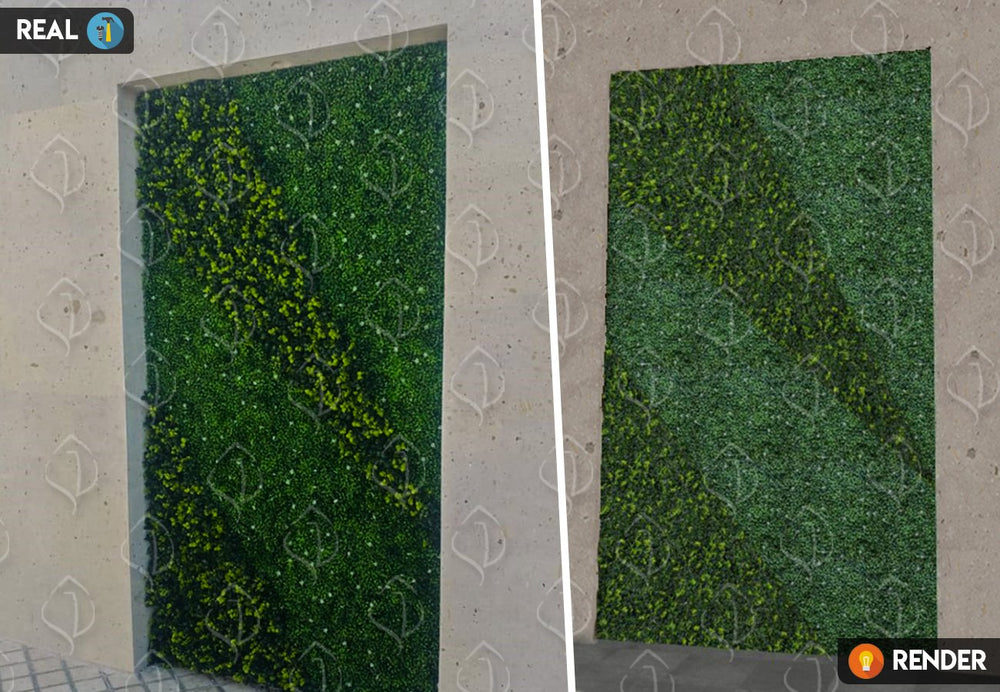 Algunas ideas necesitan una proyección profesional y una imagen vale más que mil palabras. Pensando en eso nuestro servicio de diseño de Jardines Verticales o Muros Verdes, nos permite la visualización arquitectónica de tu proyecto, generando imágenes realistas de nuestros productos en un diseño completamente personalizado. Follajes utilizados Jazmín y Helecho Verde.  