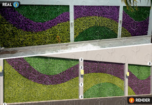 Algunas ideas necesitan una proyección profesional y una imagen vale más que mil palabras. Pensando en eso nuestro servicio de diseño de Jardines Verticales o Muros Verdes, nos permite la visualización arquitectónica de tu proyecto, generando imágenes realistas de nuestros productos en un diseño completamente personalizado. Follajes utilizados Flor de Arrayán, Arrayán Morado y Arrayán Amarillo 