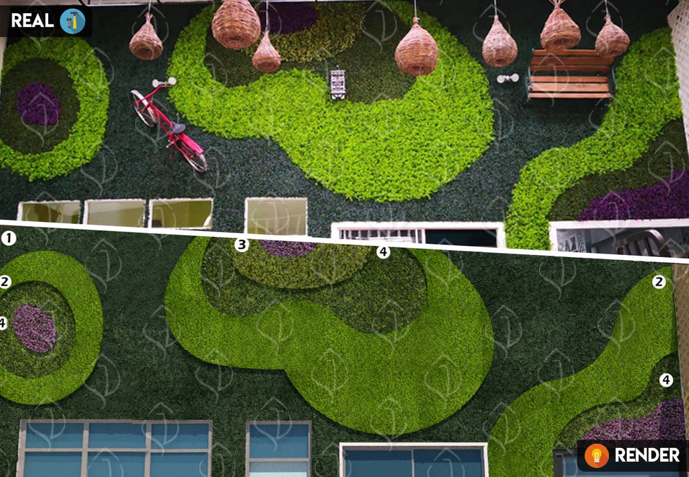 Algunas ideas necesitan una proyección profesional y una imagen vale más que mil palabras. Pensando en eso nuestro servicio de diseño de Jardines Verticales o Muros Verdes, nos permite la visualización arquitectónica de tu proyecto, generando imágenes realistas de nuestros productos en un diseño completamente personalizado. Follajes utilizados Arrayan Amarillo, Arrayan Morado, Boxwood Real, Boxwood y Helecho Japonés  